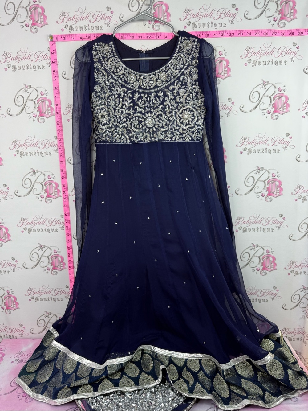 Dress long Navy Blue Embellished Party Dress with Silver Embroidery